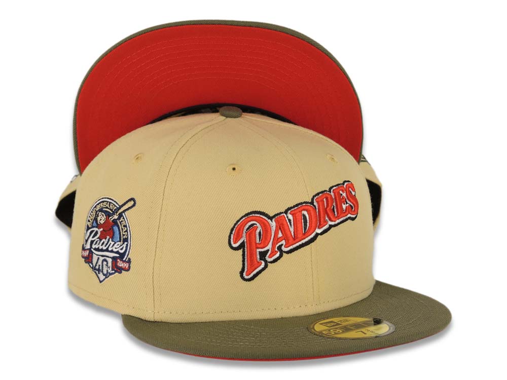 San Diego Padres New Era MLB 59FIFTY 5950 Fitted Cap Hat Yellow Green Crown Olive Visor Red/White/Black Script Logo 40th Anniversary Side Patch Red UV