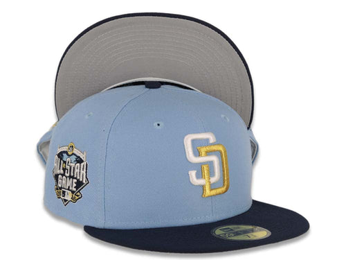 San Diego Padres New Era MLB 59FIFTY 5950 Fitted Cap Hat Sky Blue Crown Navy Blue Visor White/Metallic Gold Logo 2016 All-Star Game Side Patch Gray UV