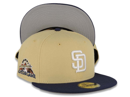 San Diego Padres New Era MLB 59FIFTY 5950 Fitted Cap Hat Yellow Green Crown Light Navy Blue Visor White Logo 1998 All-Star Game Side Patch Gray UV