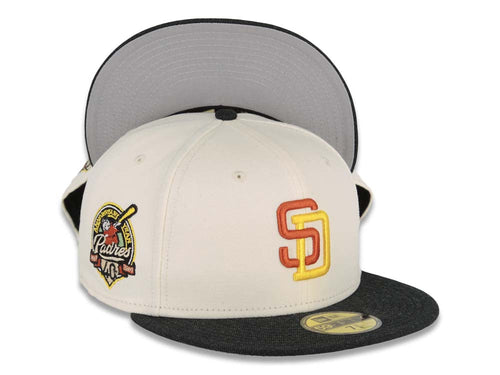 San Diego Padres New Era MLB 59FIFTY 5950 Fitted Cap Hat Cream Crown Black Visor Orange/Yellow Logo 40th Anniversary Side Patch Gray UV