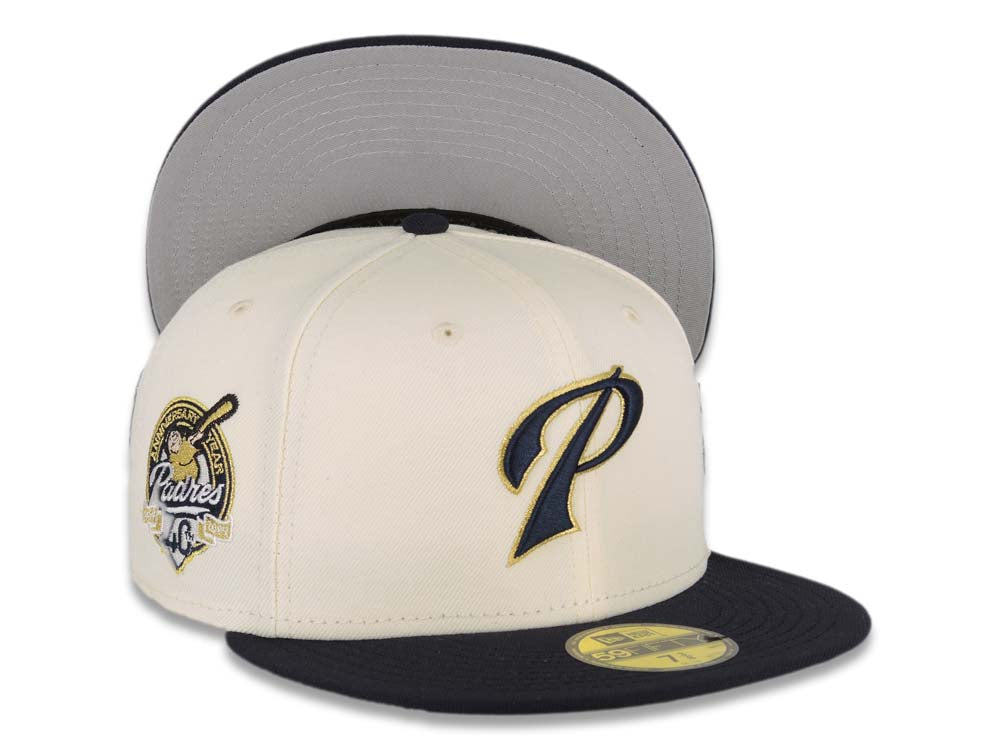 San Diego Padres New Era MLB 59FIFTY 5950 Fitted Cap Hat Cream Crown Navy Blue Visor Navy Blue/Metallic Gold Logo 40th Anniversary Side Patch Gray UV