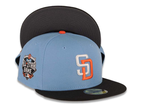 San Diego Padres New Era MLB 59FIFTY 5950 Fitted Cap Hat Sky Blue Crown Black Visor White/Orange Logo 2016 All-Star Game Side Patch Dark Gray UV