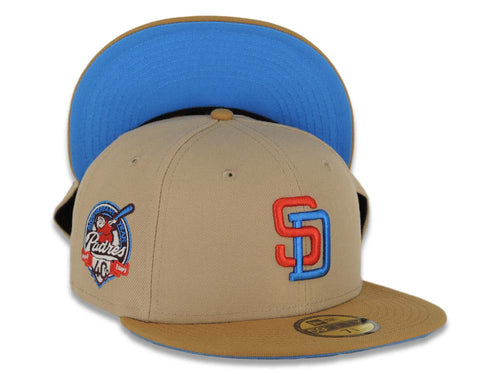 San Diego Padres New Era MLB 59FIFTY 5950 Fitted Cap Hat Khaki Crown Wheat Visor Blue/Red Logo 40th Anniversary Side Patch Blue UV