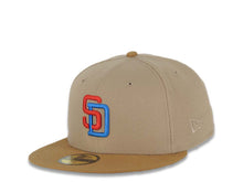Load image into Gallery viewer, San Diego Padres New Era MLB 59FIFTY 5950 Fitted Cap Hat Khaki Crown Wheat Visor Blue/Red Logo 40th Anniversary Side Patch Blue UV
