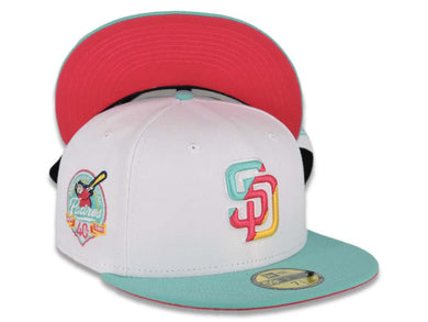 (City Connect Colors) San Diego Padres New Era MLB 59FIFTY 5950 Fitted Cap Hat White Crown Teal Visor Teal/Magenta/Yellow 40th Anniversary Side Patch