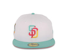 Load image into Gallery viewer, (City Connect Colors) San Diego Padres New Era MLB 59FIFTY 5950 Fitted Cap Hat White Crown Teal Visor Teal/Magenta/Yellow 40th Anniversary Side Patch
