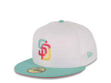 Load image into Gallery viewer, (City Connect Colors) San Diego Padres New Era MLB 59FIFTY 5950 Fitted Cap Hat White Crown Teal Visor Teal/Magenta/Yellow 40th Anniversary Side Patch
