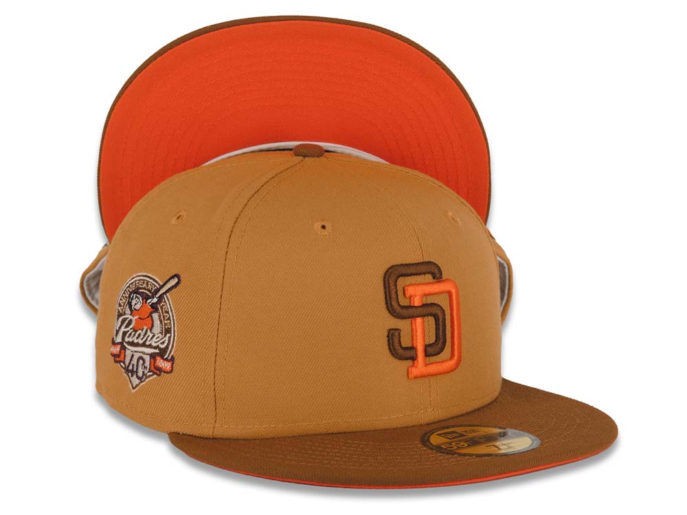 San Diego Padres New Era MLB 59FIFTY 5950 Fitted Cap Hat Tan Crown Brown Visor Brown/Orange Logo 40th Anniversary Side Patch Orange UV