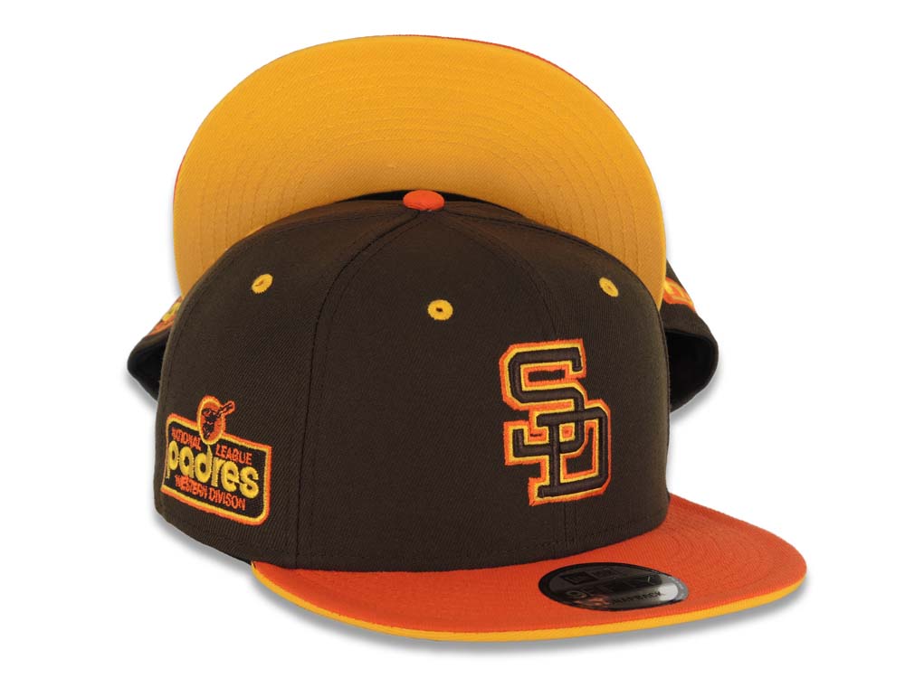 San Diego Padres New Era MLB 9FIFTY 950 Snapback Cap Hat Brown Crown Orange Visor Brown/Yellow/Orange Logo NL West Side Patch Yellow UV