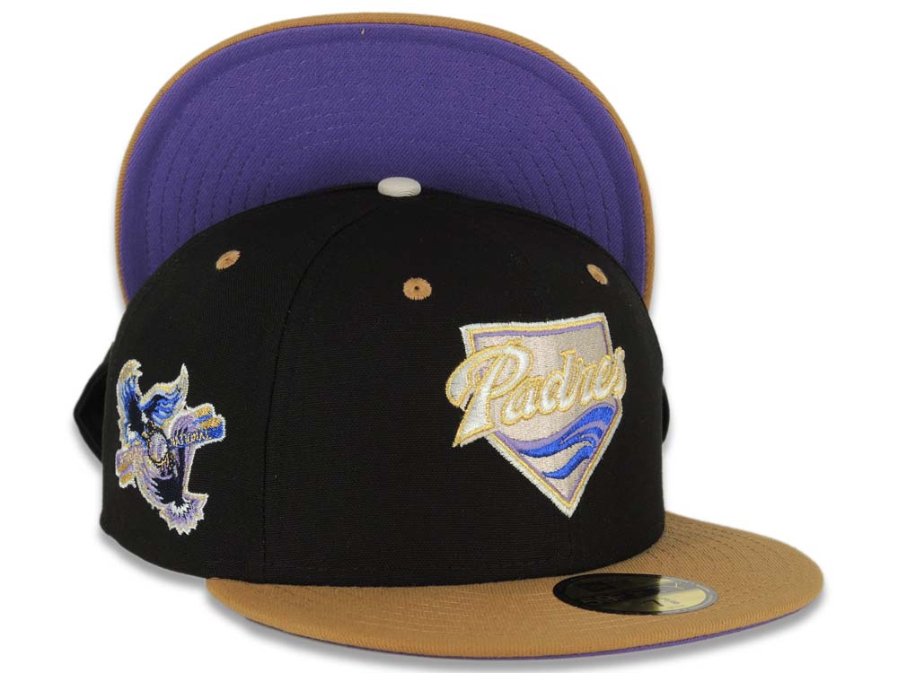 San Diego Padres New Era MLB 59FIFTY 5950 Fitted Cap Hat Black Crown Wheat Visor Metallic Gold/Metallic White Logo Stadium Side Patch