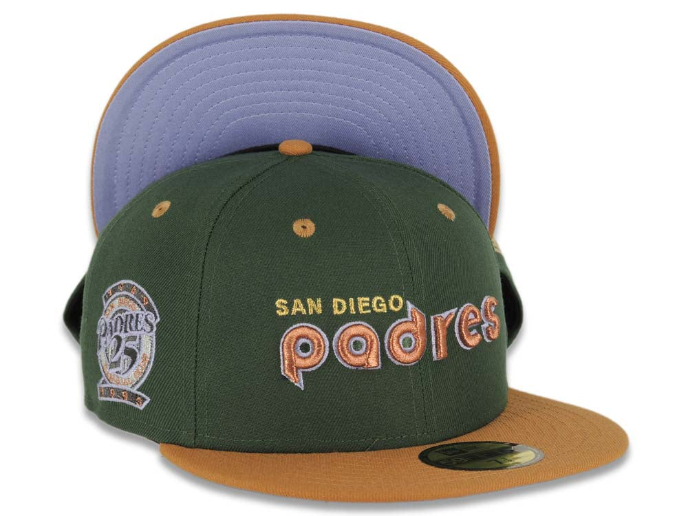 San Diego Padres New Era MLB 59FIFTY 5950 Fitted Cap Hat Green Crown Light Brown Visor Metallic Brown/Pale Purple Script Logo 25th Anniversary Side Patch