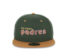 Load image into Gallery viewer, San Diego Padres New Era MLB 59FIFTY 5950 Fitted Cap Hat Green Crown Light Brown Visor Metallic Brown/Pale Purple Script Logo 25th Anniversary Side Patch
