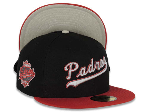 San Diego Padres New Era MLB 59FIFTY 5950 Fitted Cap Hat Black Crown Red Visor Metallic Red/Metallic Aluminum Script Logo 30th Anniversary Side Patch