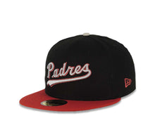 Load image into Gallery viewer, San Diego Padres New Era MLB 59FIFTY 5950 Fitted Cap Hat Black Crown Red Visor Metallic Red/Metallic Aluminum Script Logo 30th Anniversary Side Patch
