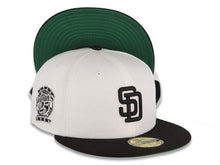 Load image into Gallery viewer, San Diego Padres New Era MLB 59FIFTY 5950 Fitted Cap Hat White Crown Black Visor Black Logo 25th Anniversary Side Patch Green UV
