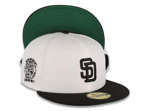 San Diego Padres New Era MLB 59FIFTY 5950 Fitted Cap Hat White Crown Black Visor Black Logo 25th Anniversary Side Patch Green UV