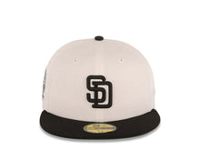 Load image into Gallery viewer, San Diego Padres New Era MLB 59FIFTY 5950 Fitted Cap Hat White Crown Black Visor Black Logo 25th Anniversary Side Patch Green UV
