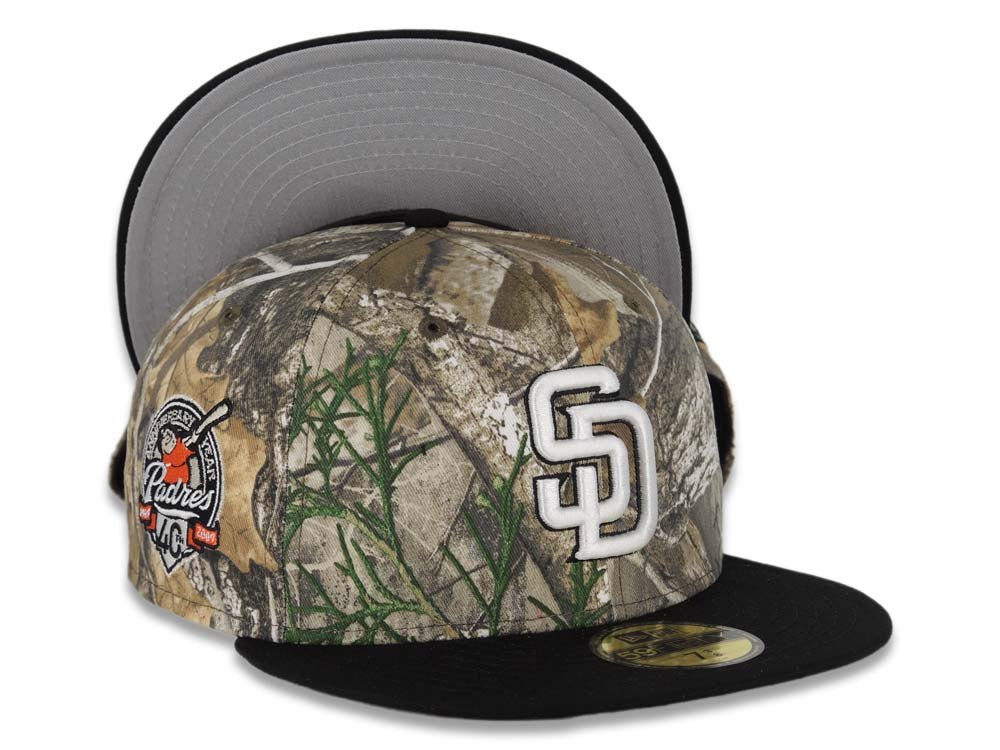 San Diego Padres New Era MLB 59FIFTY 5950 Fitted Cap Hat Real Tree Edge Camo Crown Black Visor White/Black Logo 40th Anniversary Side Patch Gray UV