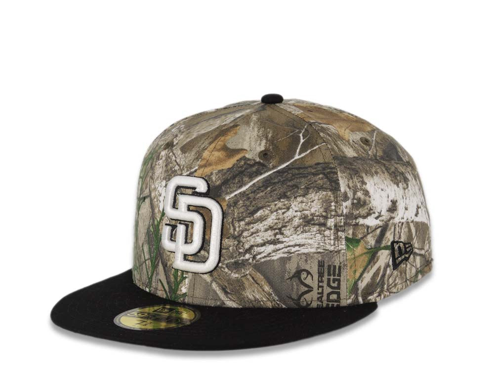 San Diego Padres New Era MLB 59FIFTY 5950 Fitted Cap Hat Real Tree Edge Camo Crown Black Visor White/Black Logo 40th Anniversary Side Patch Gray UV 7