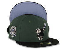 Load image into Gallery viewer, San Diego Padres New Era MLB 59FIFTY 5950 Fitted Cap Hat Green Crown Black Visor Black/Pale Purple Swinging Friar Logo 40th Anniversary Side Patch
