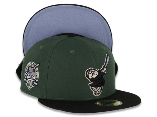 San Diego Padres New Era MLB 59FIFTY 5950 Fitted Cap Hat Green Crown Black Visor Black/Pale Purple Swinging Friar Logo 40th Anniversary Side Patch
