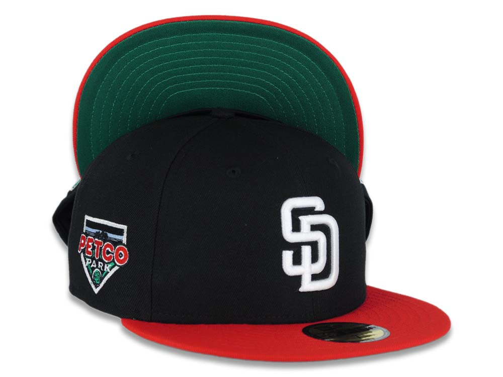 San Diego Padres New Era MLB 59FIFTY 5950 Fitted Cap Hat Black Crown Red Visor White Logo Petco Park Side Patch Green UV