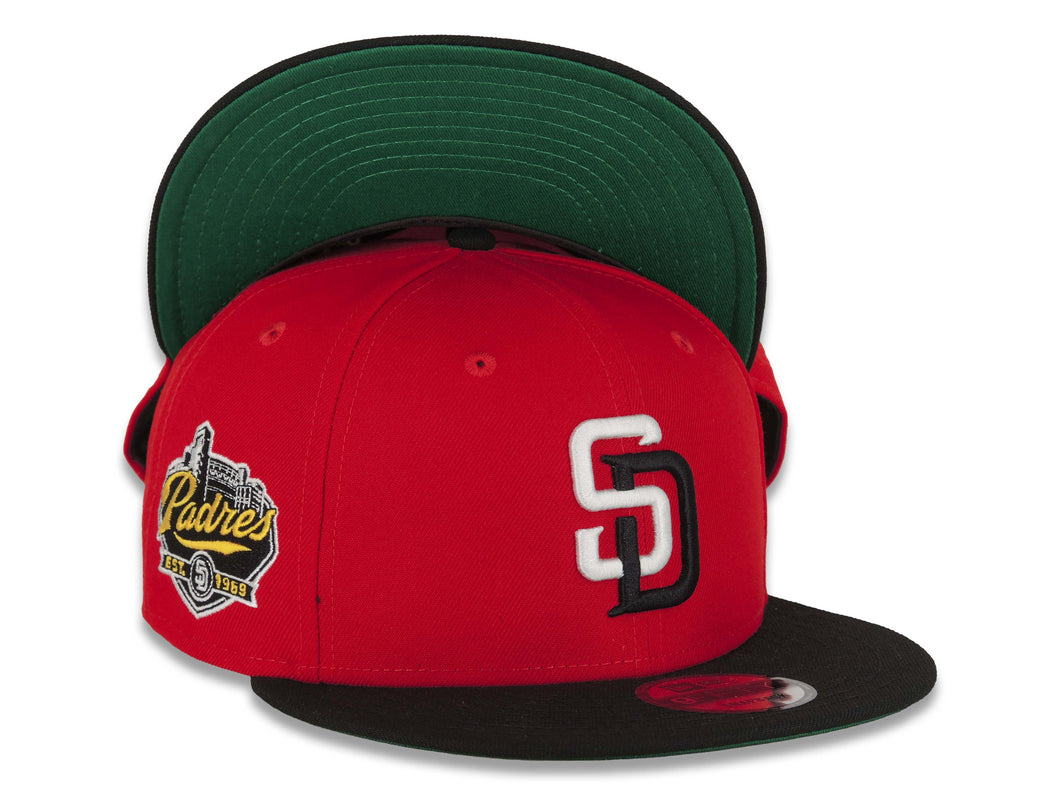 San Diego Padres New Era MLB 9FIFTY 950 Snapback Cap Hat Black Crown Red Visor White/Black Logo Established 1969 Side Patch Green UV