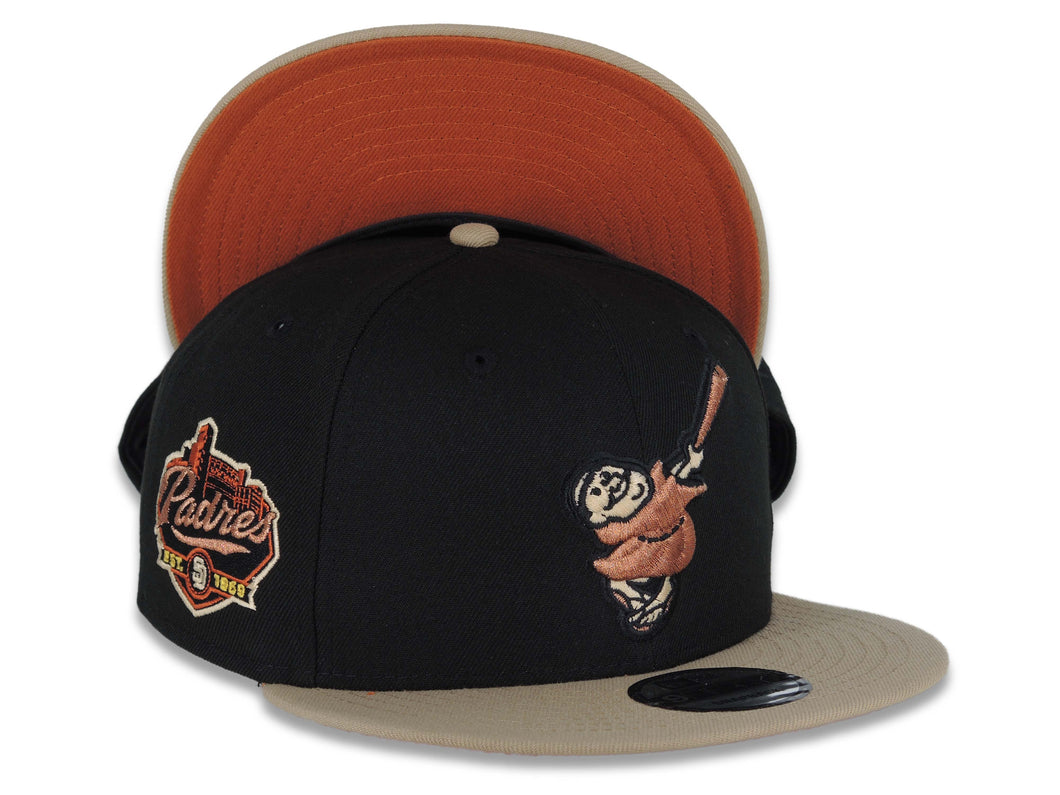 San Diego Padres New Era MLB 9FIFTY 950 Snapback Cap Hat Black Crown Khaki Visor Metallic Brown/Black Swinging Friar Logo Established 1969 Side Patch Dark Orange UV