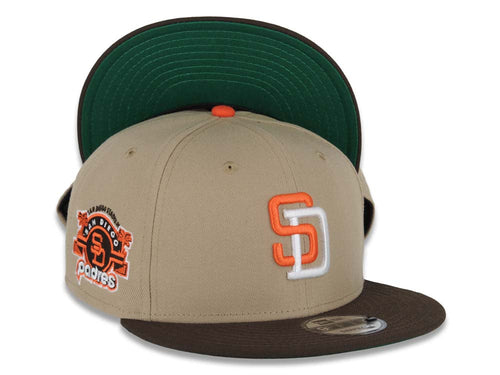 San Diego Padres New Era MLB 9FIFTY 950 Snapback Cap Hat Khaki Crown Brown Visor Orange/White Logo Stadium Side Patch Green UV