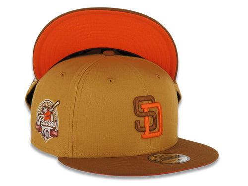 San Diego Padres New Era MLB 9FIFTY 950 Snapback Cap Hat Tan Crown Brown Visor Brown/Orange Logo 40th Anniversary Side Patch Orange UV