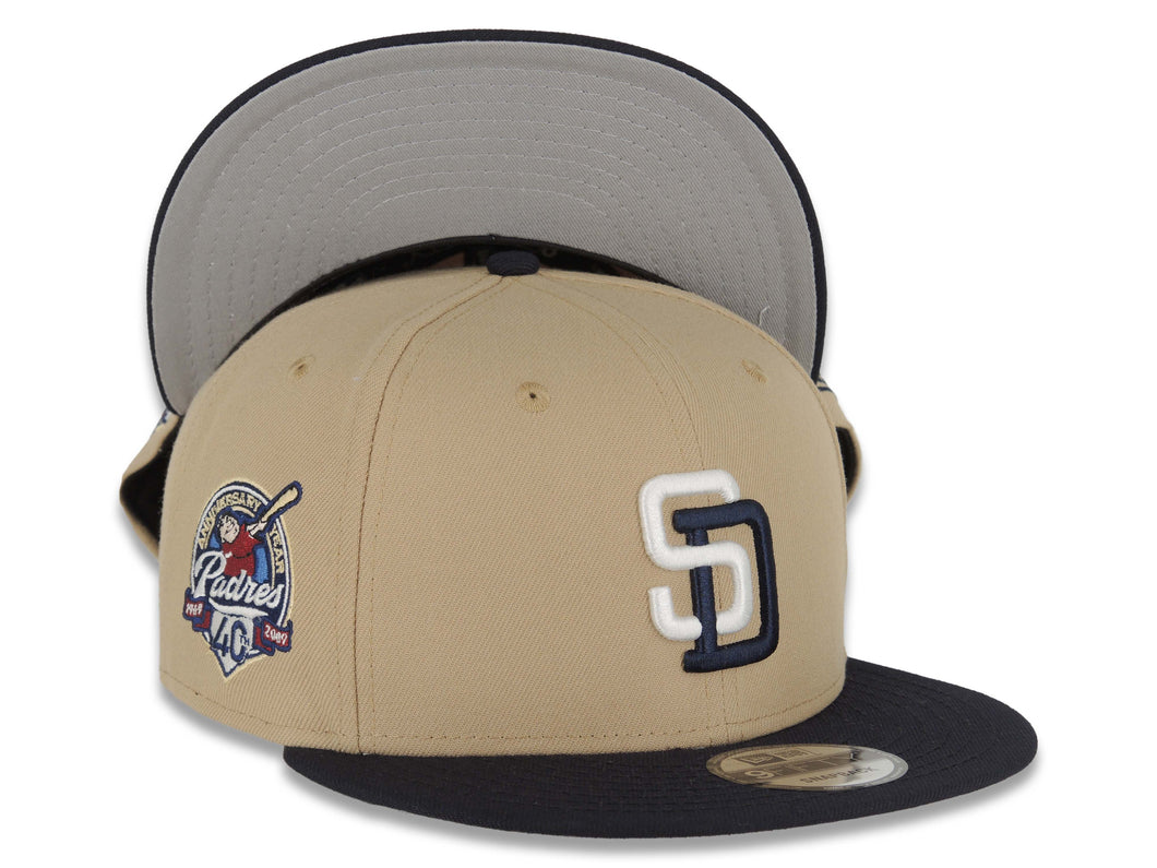 San Diego Padres New Era MLB 9FIFTY 950 Snapback Cap Hat Khaki Crown Navy Visor White/Navy Logo 40th Anniversary Side Patch Gray UV