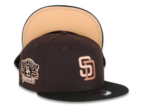 San Diego Padres New Era MLB 59FIFTY 5950 Fitted Cap Hat Dark Brown Crown Black Visor Peach/Metallic Brown Logo Stadium Side Patch Peach UV