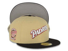 Load image into Gallery viewer, San Diego Padres New Era MLB 59FIFTY 5950 Fitted Cap Hat Yellow Green Crown Black Visor White/Metallic Red Script Logo 25th Anniversary Side Patch
