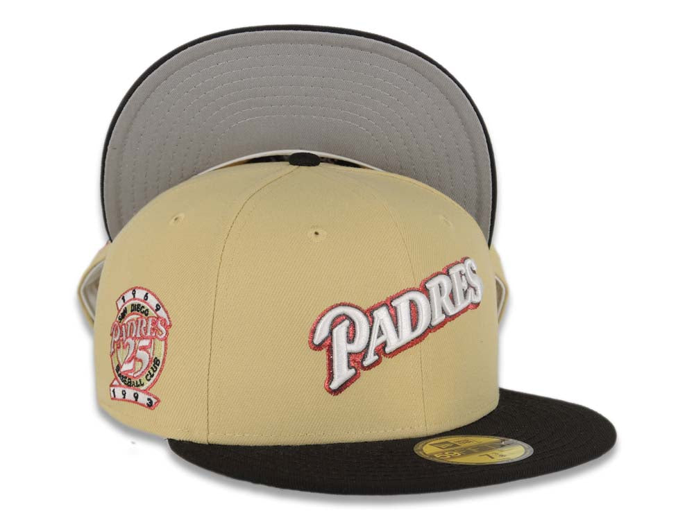 San Diego Padres New Era MLB 59FIFTY 5950 Fitted Cap Hat Yellow Green Crown Black Visor White/Metallic Red Script Logo 25th Anniversary Side Patch