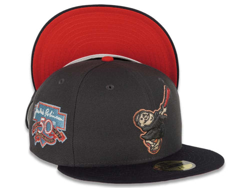 San Diego Padres New Era MLB 59FIFTY 5950 Fitted Cap Hat Graphite/Navy Metallic Black/Red Swinging Friar Jackie Robinson 50th Anniversary Side Patch