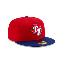 Load image into Gallery viewer, (Youth) Texas Rangers New Era MLB 59FIFTY 5950 Kids Fitted Cap Hat Red Crown Royal Blue Visor Team Color Logo with State Map
