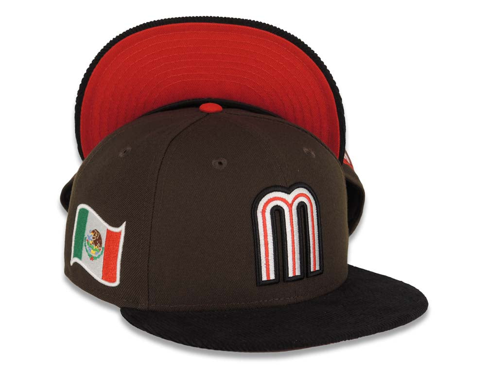 (Corduroy Visor) Mexico New Era World Baseball Classic WBC 59FIFTY 5950 Fitted Cap Hat Brown Crown Black Visor White/Red/Black Logo Red UV