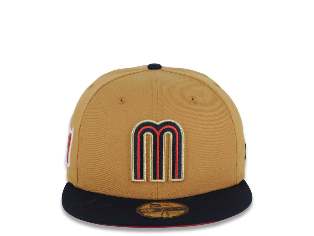 Mexico New Era Wbc World Baseball Classic 59FIFTY 5950 Fitted Cap Hat Khaki Crown Dark Brown Visor White/Brown/Yellow Logo Mexico Flag Side Patch 7 1/