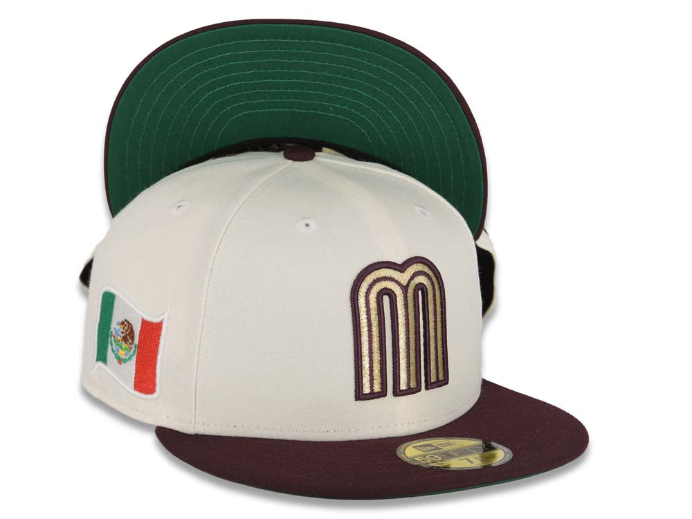 Mexico New Era World Baseball Classic WBC 59FIFTY 5950 Fitted Cap Hat Cream Crown Maroon Visor Metallic Gold/Maroon Logo Green UV