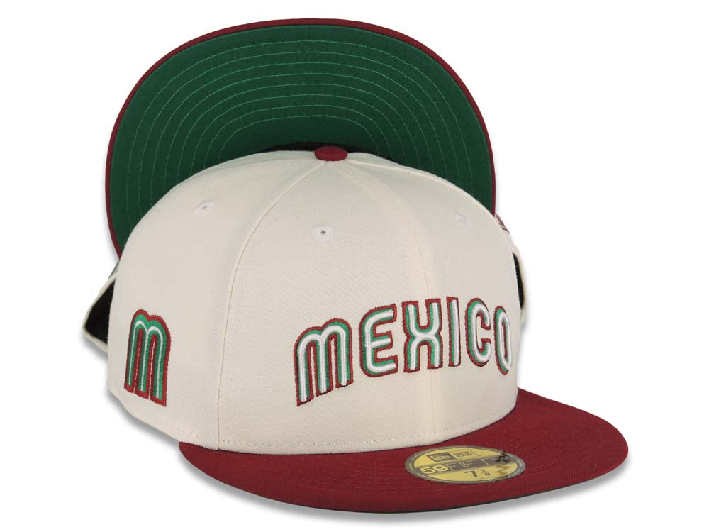 Mexico New Era World Baseball Classic WBC 59FIFTY 5950 Fitted Cap Hat Cream Crown Cardinal Visor Green/White/Cardinal Script Logo Green UV