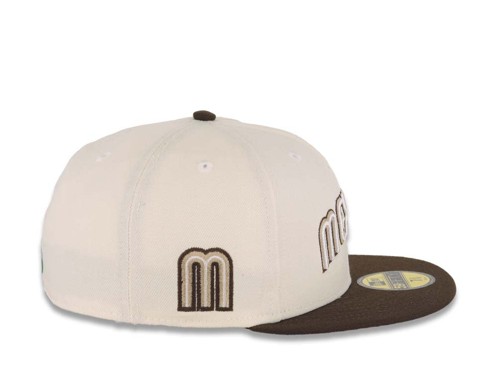 (In-Stock) Mexico New Era World Baseball Classic Wbc 59FIFTY 5950 Fitted Cap Hat Black Crown Khaki Visor Peach/Metallic Brown Logo Dark Orange UV 7