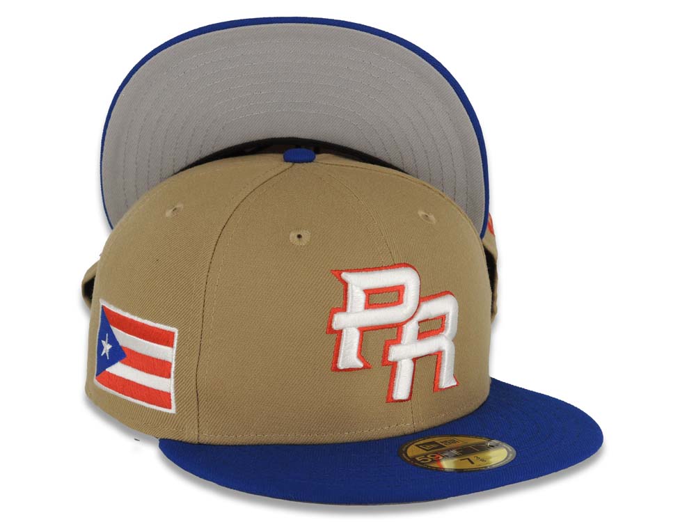 Puerto Rico New Era World Baseball Classic WBC 59FIFTY 5950 Fitted Cap Hat Khaki Crown Light Royal Blue Visor White/Red Logo Gray UV