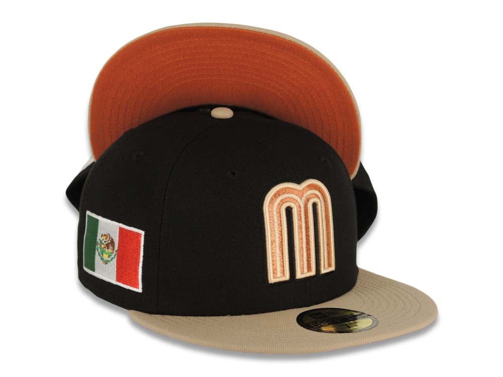 Mexico New Era World Baseball Classic WBC 59FIFTY 5950 Fitted Cap Hat Black Crown Khaki Visor Peach/Metallic Brown Logo Dark Orange UV