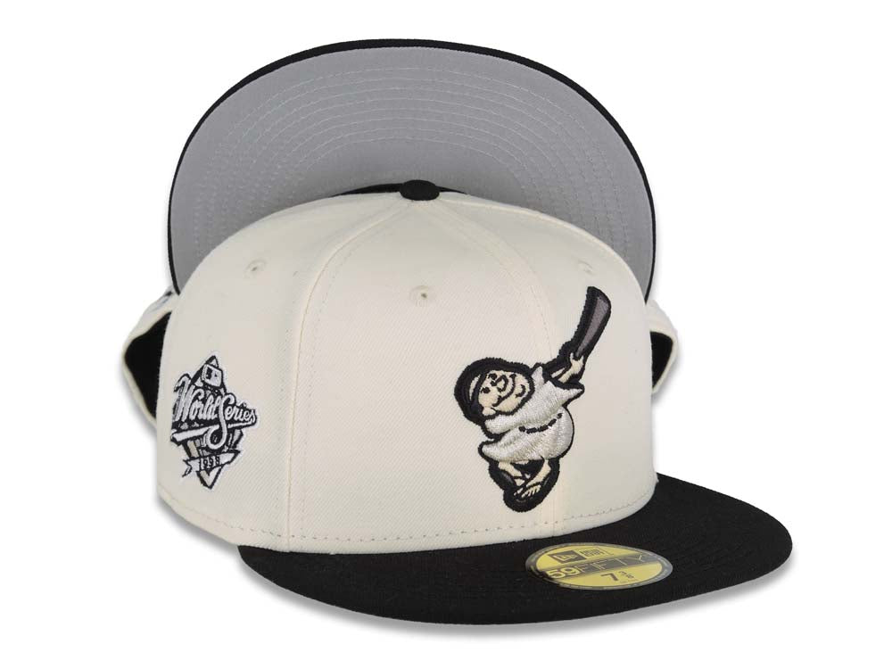 San Diego Padres New Era MLB 59FIFTY 5950 Fitted Cap Hat Cream Crown Black Visor Dark Gray/Black Swinging Friar Logo 1998 World Series Side Patch UV