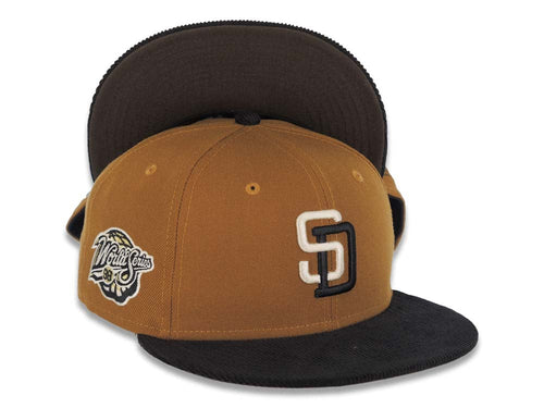 (Corduroy) San Diego Padres New Era MLB 59FIFTY 5950 Fitted Cap Hat Brown Crown Black Visor Cream/Black Logo 1998 World Series Side Patch Brown UV