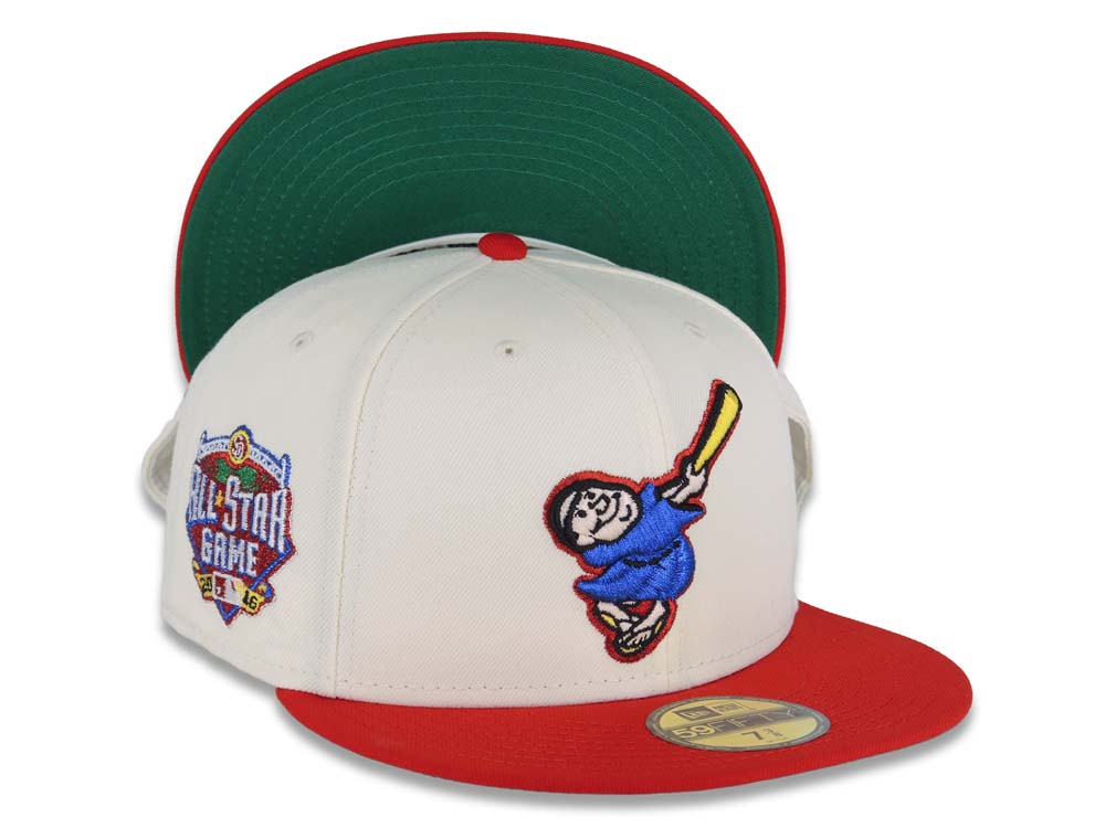 San Diego Padres New Era MLB 59FIFTY 5950 Fitted Cap Hat Cream Crown Red Visor Metallic Blue/Red Swinging Friar Logo 2016 All-Star Game Side Patch