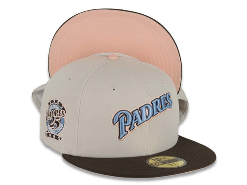 San Diego Padres New Era MLB 59FIFTY 5950 Fitted Cap Hat Stone Crown Brown Visor Sky Blue/Light Peach Logo 25th Anniversary Side Patch Light Peach UV