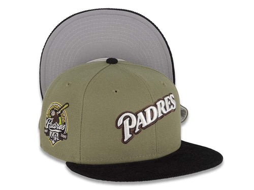 (Corduroy Visor) San Diego Padres New Era MLB 59FIFTY 5950 Fitted Cap Hat Olive Crown Black Visor Cream/Black Logo 40th Anniversary Side Patch Gray UV