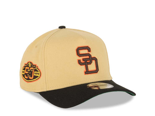San Diego Padres New Era MLB 9FORTY 940 A-Frame Adjustable Hat Vegas Gold Crown Black Visor Brown/Orange Cooperstown Logo 50th Anniversary Side Patch