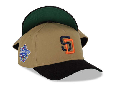 (Corduroy Visor) San Diego Padres New Era MLB 940 A-Frame Adjustable Cap Hat Khaki Crown Black Visor Navy/Orange Logo 1998 World Series Side Patch